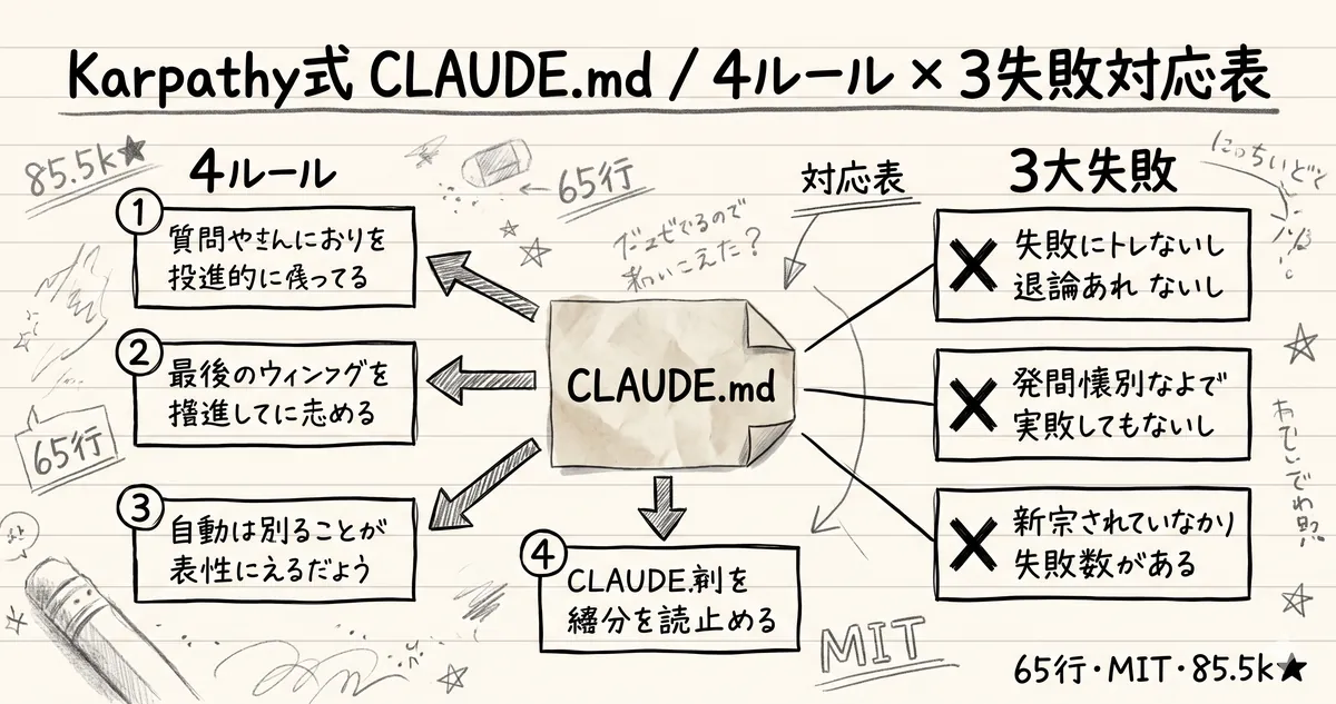 Claude Codeの暴走を止めるCLAUDE.md｜4ルールと3失敗の対応表（Karpathy式・65行）