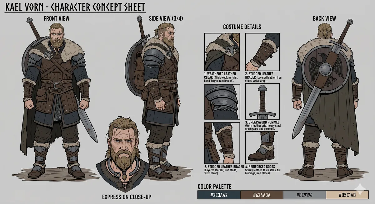 Kael Vorn|ロー・ファンタジー北欧荒野のTRPGキャラコンセプト (Nano Banana 2で生成)
