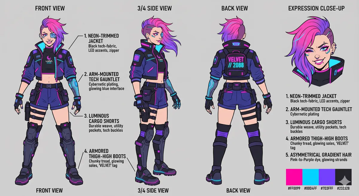 Luna Velvet|サイバーパンク2088年のVTuberキャラコンセプト (Nano Banana 2で生成)