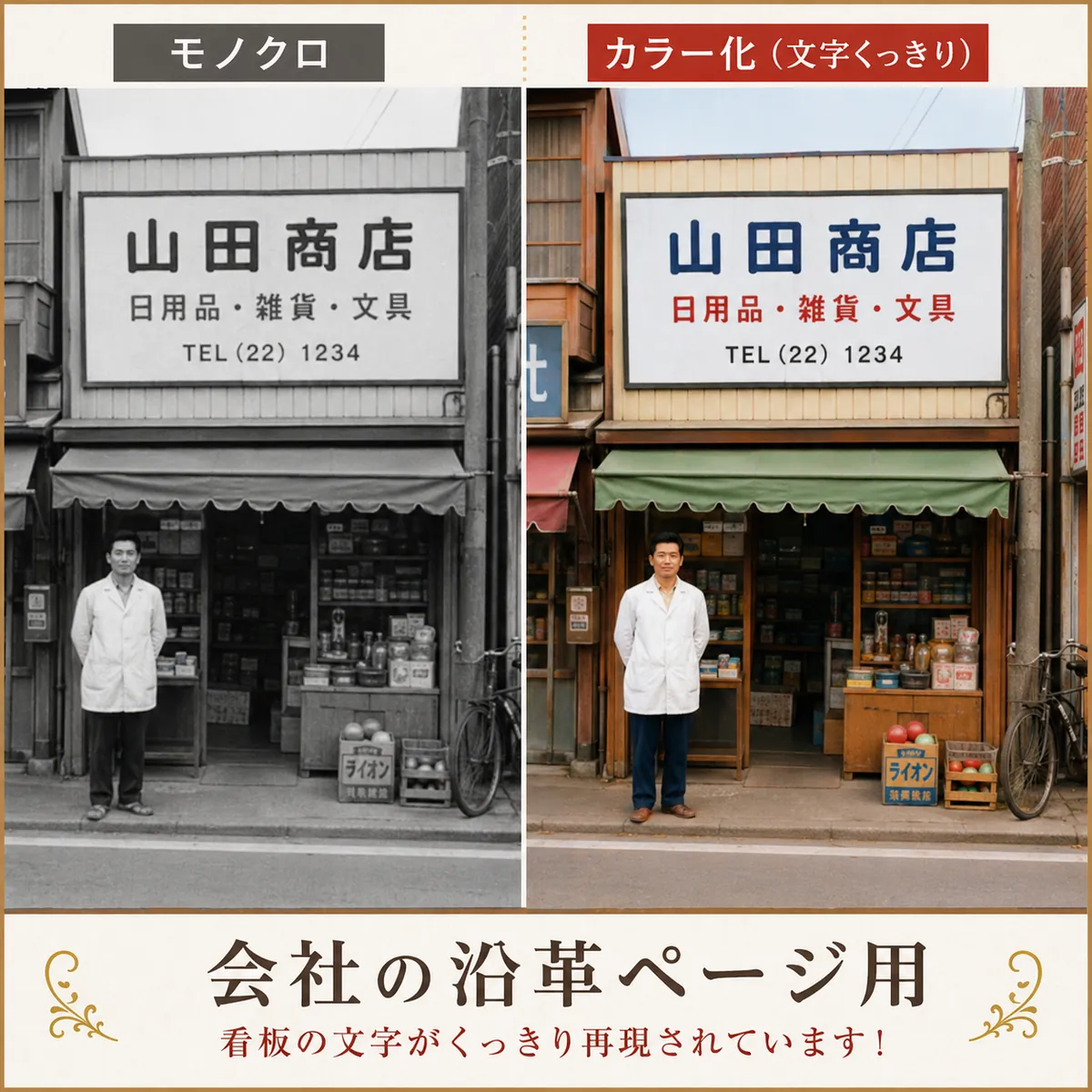 会社沿革ページ用に店舗写真を看板文字くっきり復元