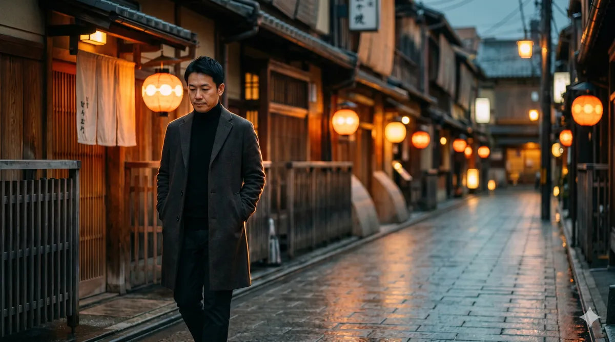 Nano Banana 2のブログヘッダー画像作例：夕暮れの京都風路地で提灯の灯り反射する濡れた石畳を歩く長コートの男性