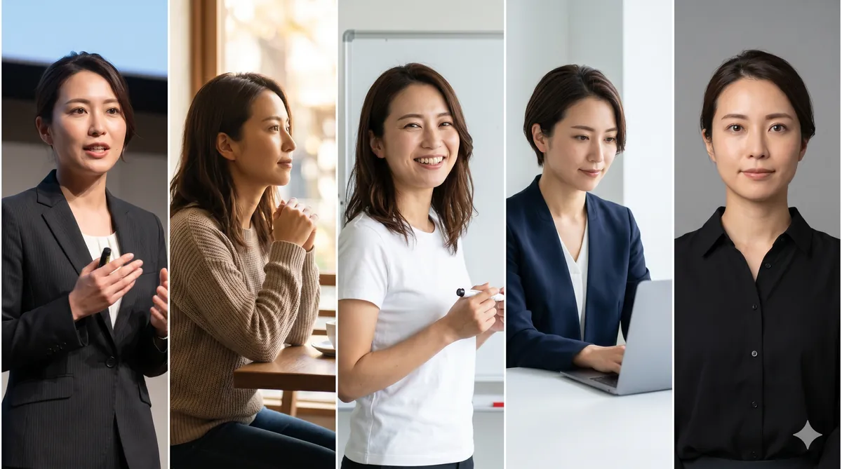 Nano Banana 2で同一人物を講演・カフェ・ホワイトボード前・デスク・証明写真の5シーンに量産した5パネルグリッド