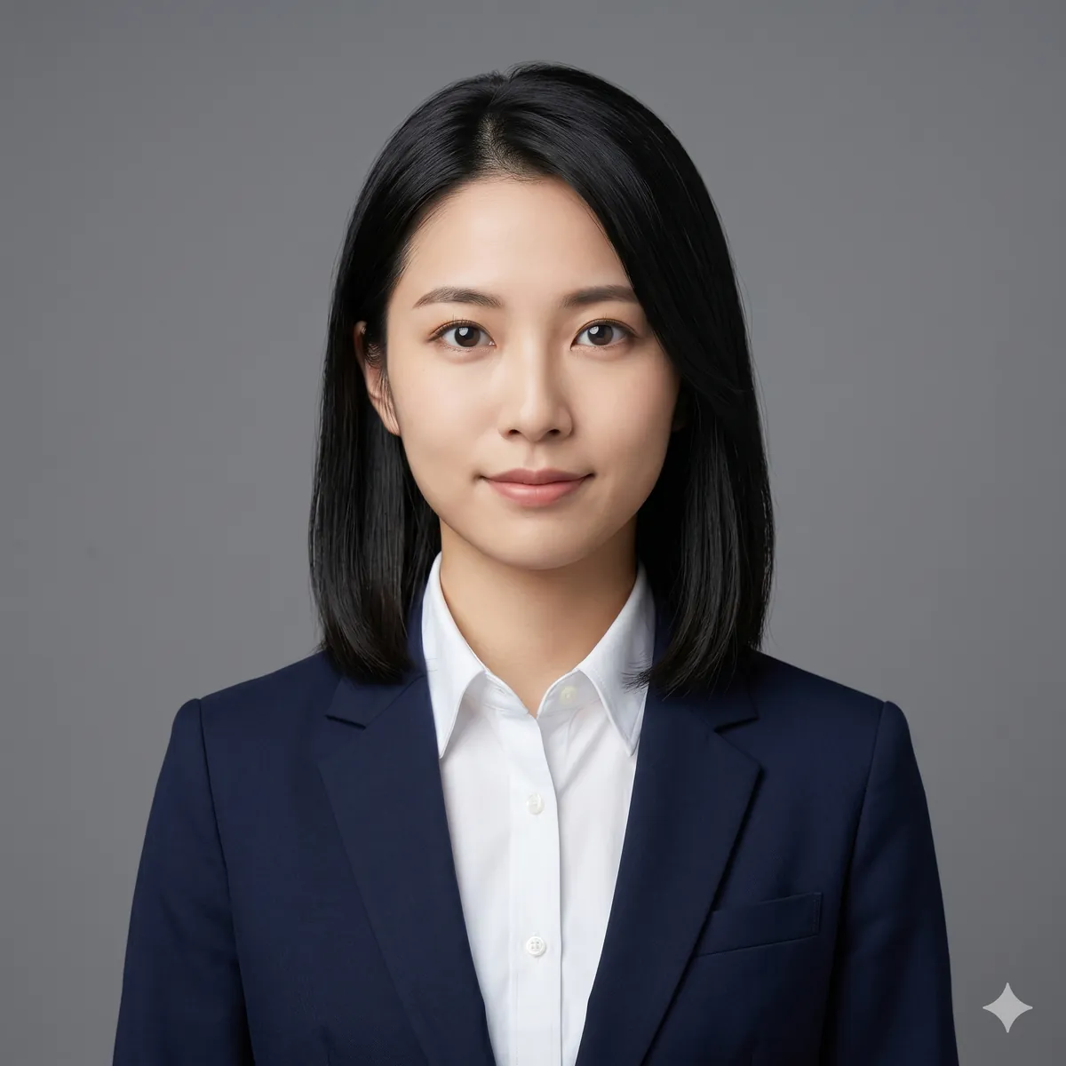 Nano Banana 2の証明写真・名刺用ヘッドショット作例：グレー背景でネイビースーツに白シャツの女性の正面ショット
