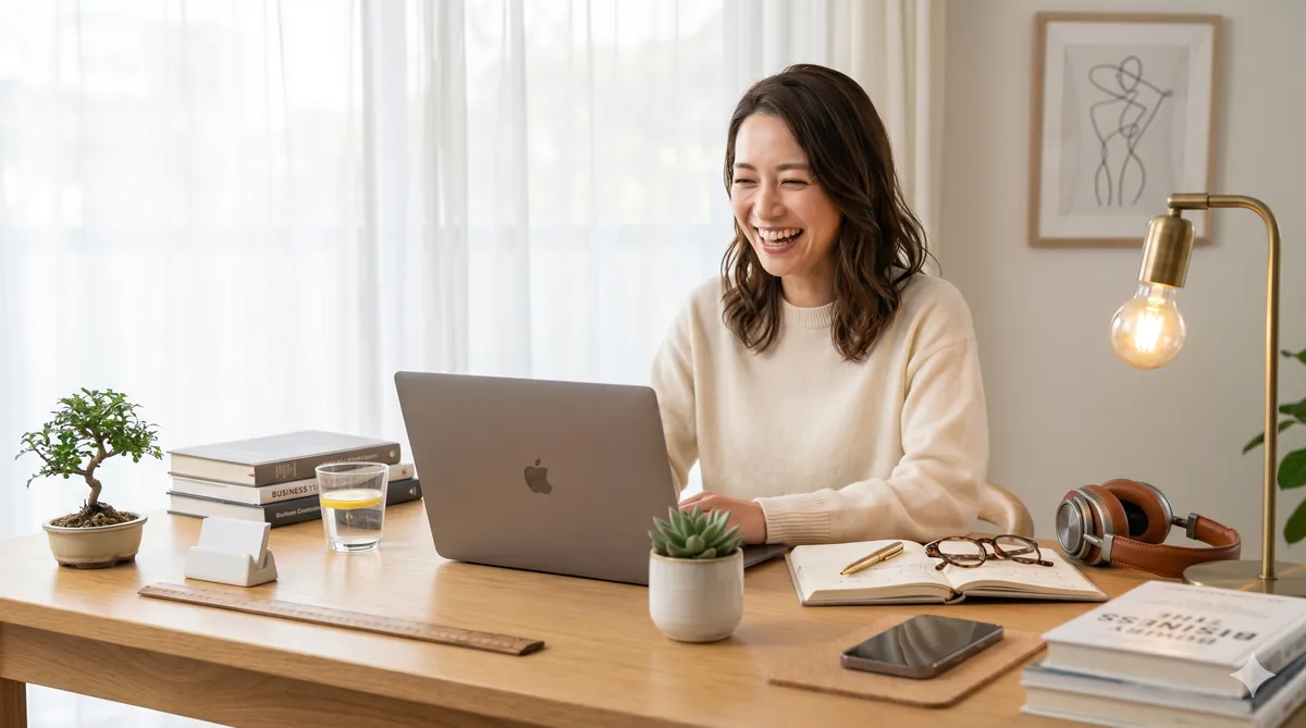 Nano Banana 2のLP用ヒーロー画像作例：デスクに14個の小物と笑顔の女性が破綻なく描かれている