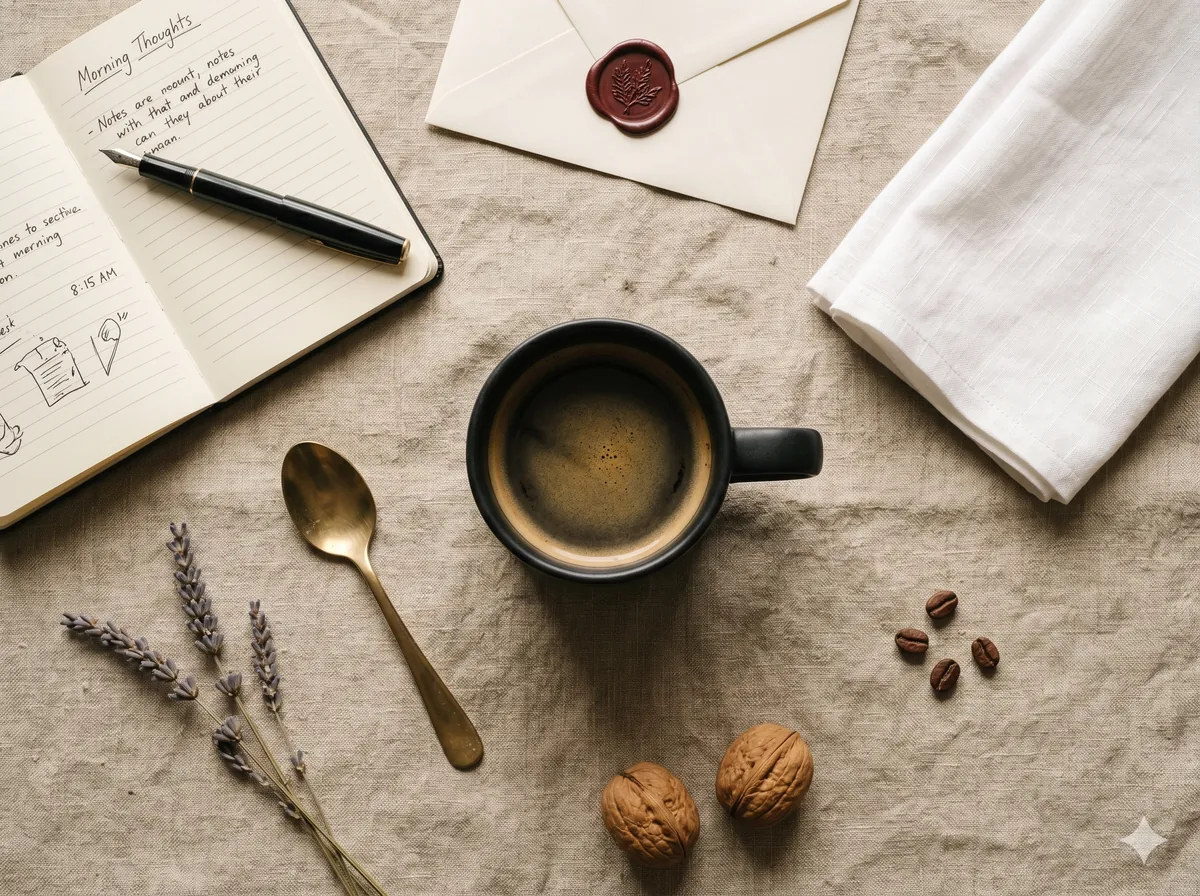 Nano Banana 2の商品スタイリング作例：マットブラックのコーヒーマグを中心としたフードフォト風フラットレイ