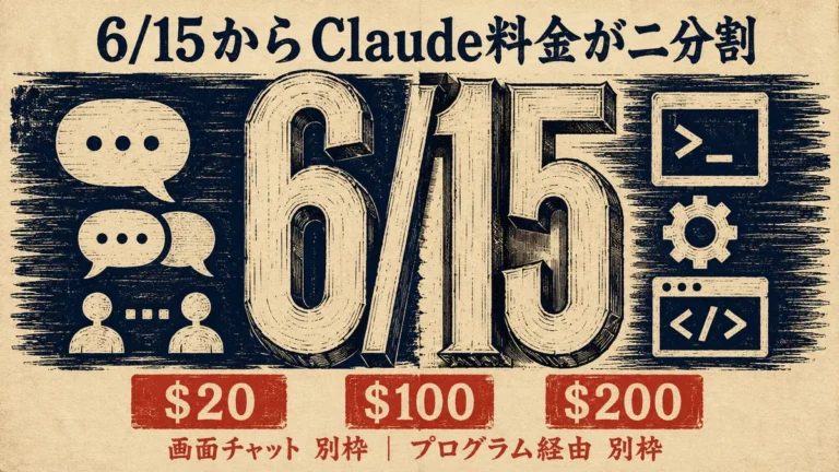 6月15日からClaude Pro/Maxの月料金は『画面チャット側』と『プログラム経由側』で別枠化|5月中にやる3つの確認