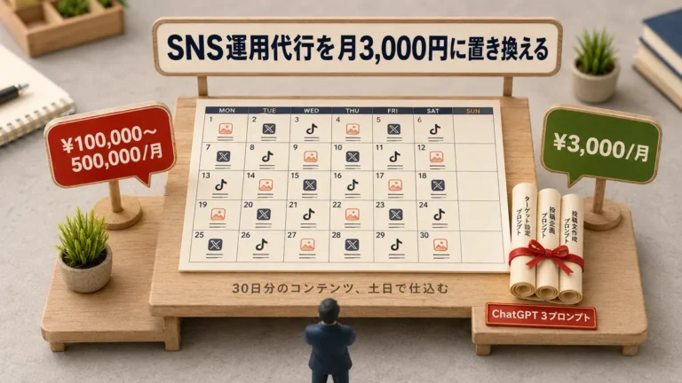 月10〜50万円のSNS運用代行を月3,000円に｜ChatGPTの3プロンプトで30日分のコンテンツを土日に仕込む手順