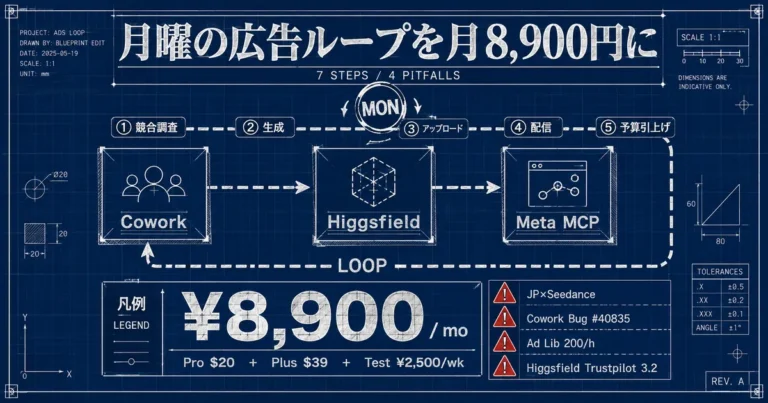 広告作成・配信・検証をClaude Cowork×Higgsfield×Meta MCPで|7ステップと日本での落とし穴4つ
